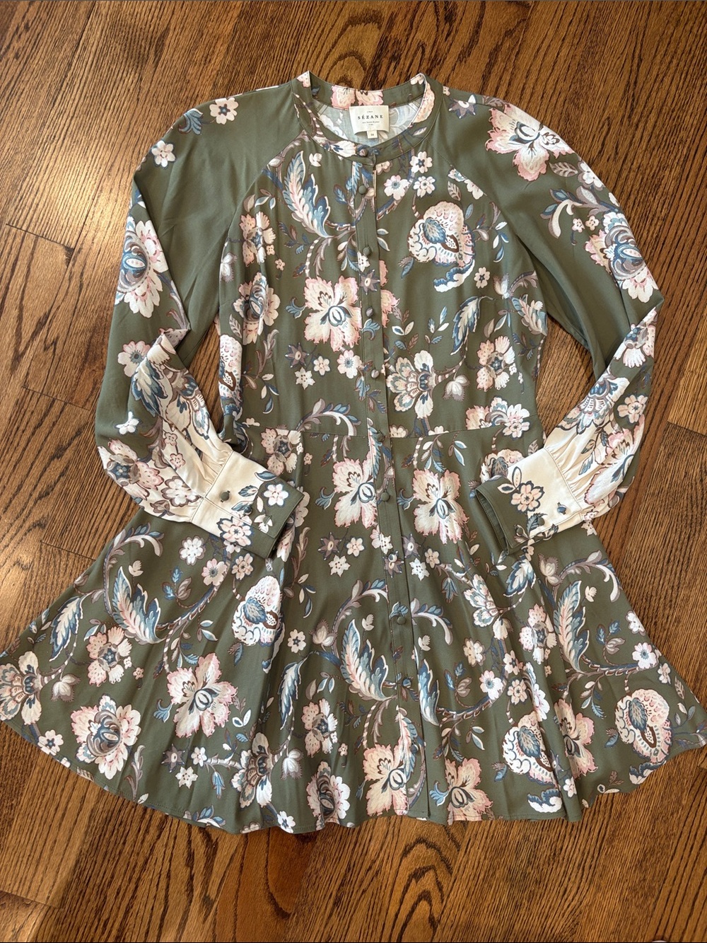 Sezane Olive Green Floral Button-Front Long Sleeve Dress